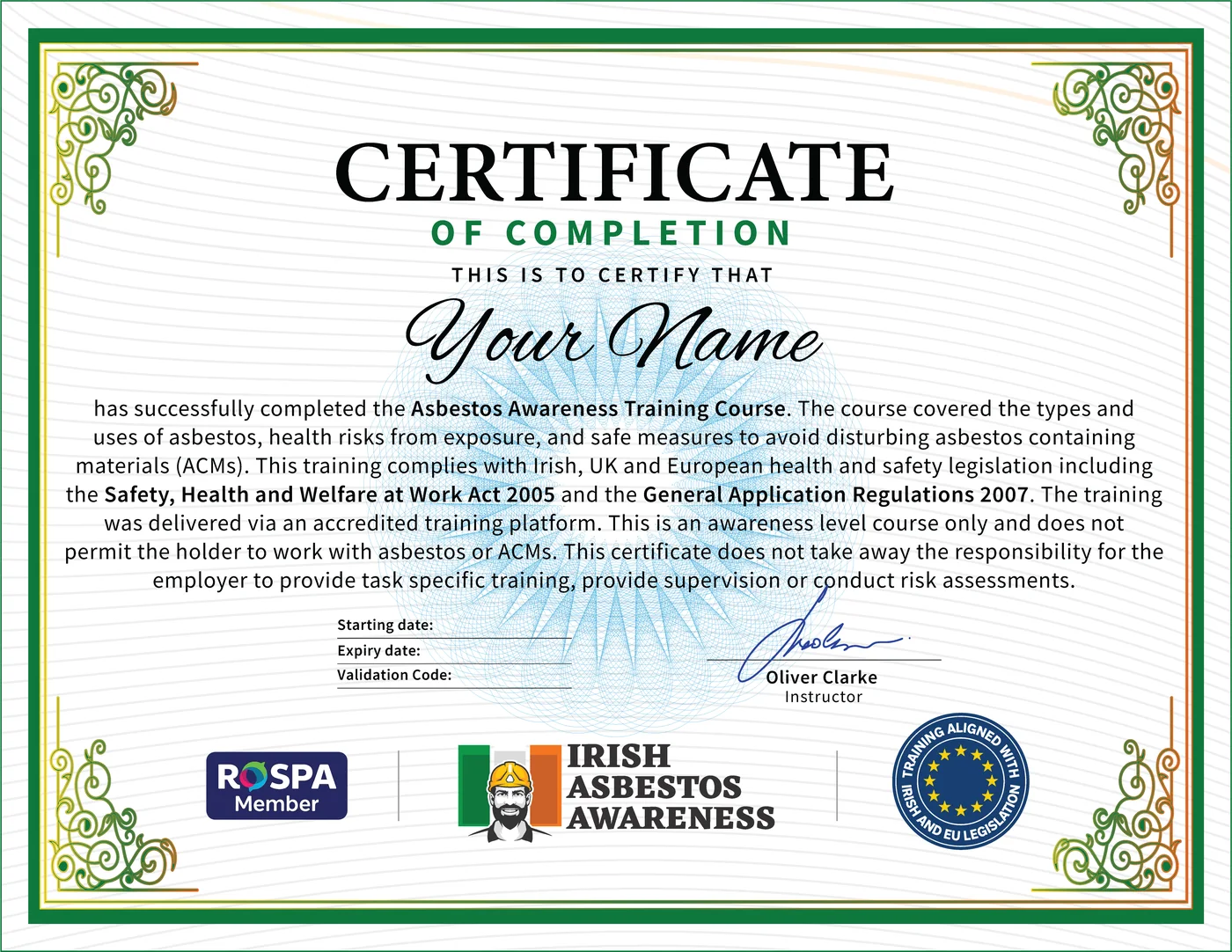 Official Asbestos Awareness Certificate - IATP accredited Asbestos Awareness Cert from Irish Asbestos Awareness Dublin Ireland - Instant Download