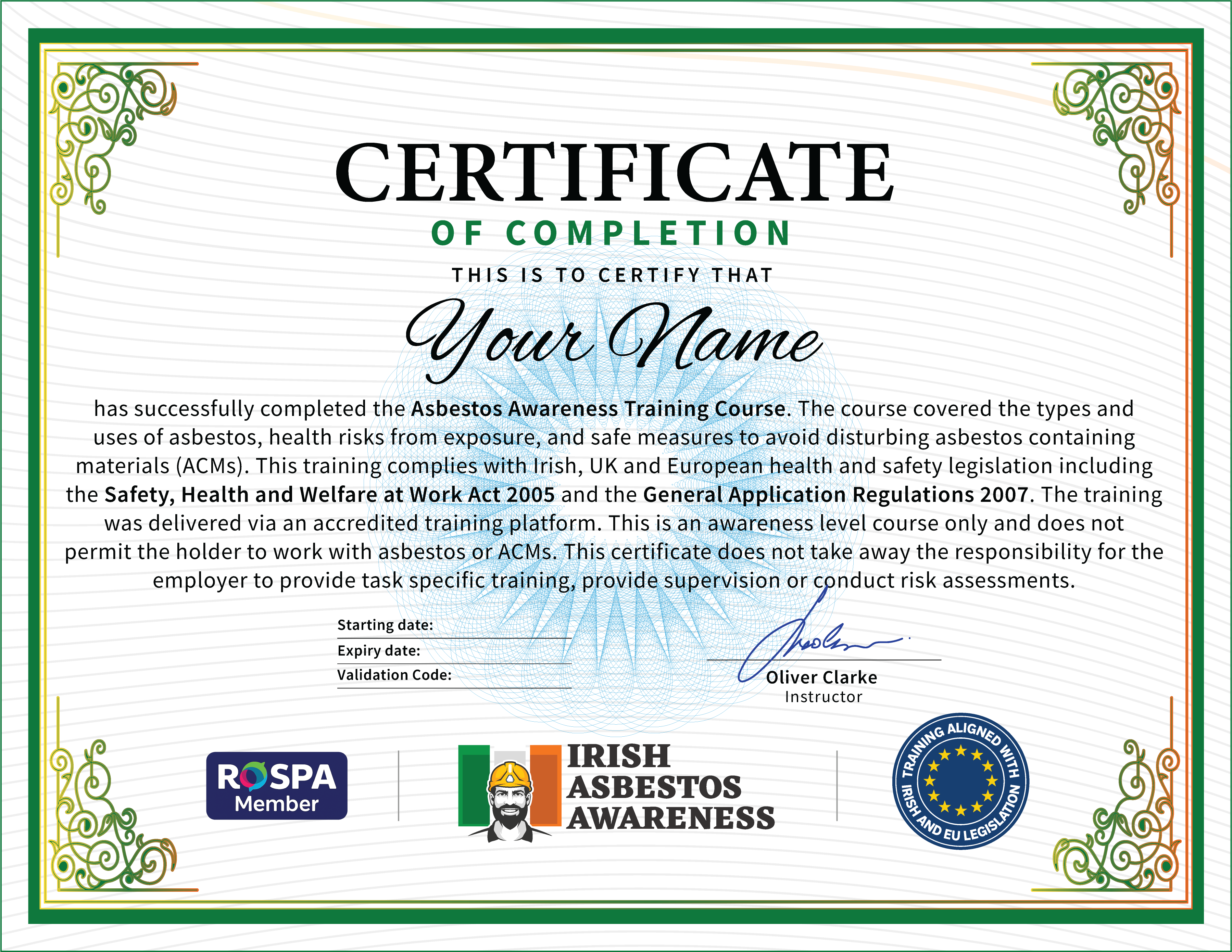 Asbestos Awareness Certificate Example - QQI Accredited, RoSPA Approved, Irish Asbestos Awareness